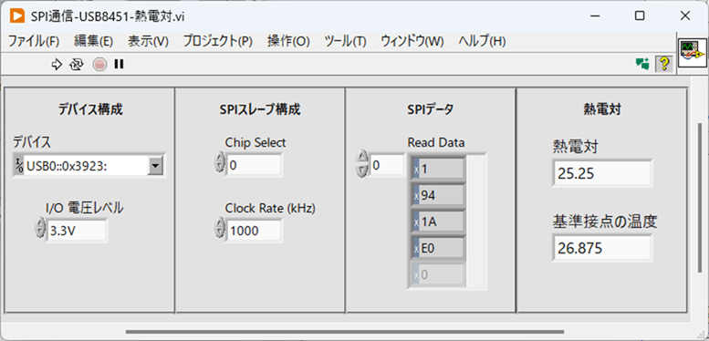 LabVIEW SPI通信プログラム例-フロントパネル